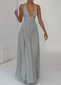 Sage Green Ruched Halter Maxi Dress with Lace-Up Back & High Slit