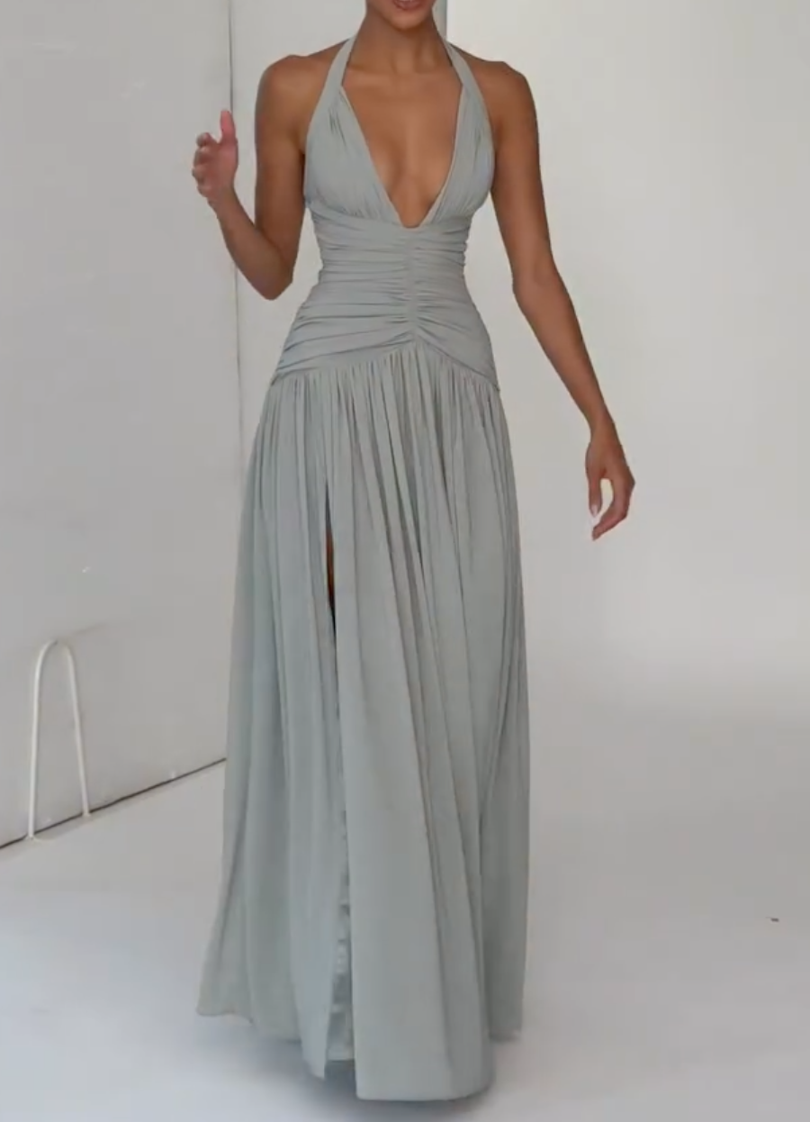Sage Green Ruched Halter Maxi Dress with Lace-Up Back & High Slit