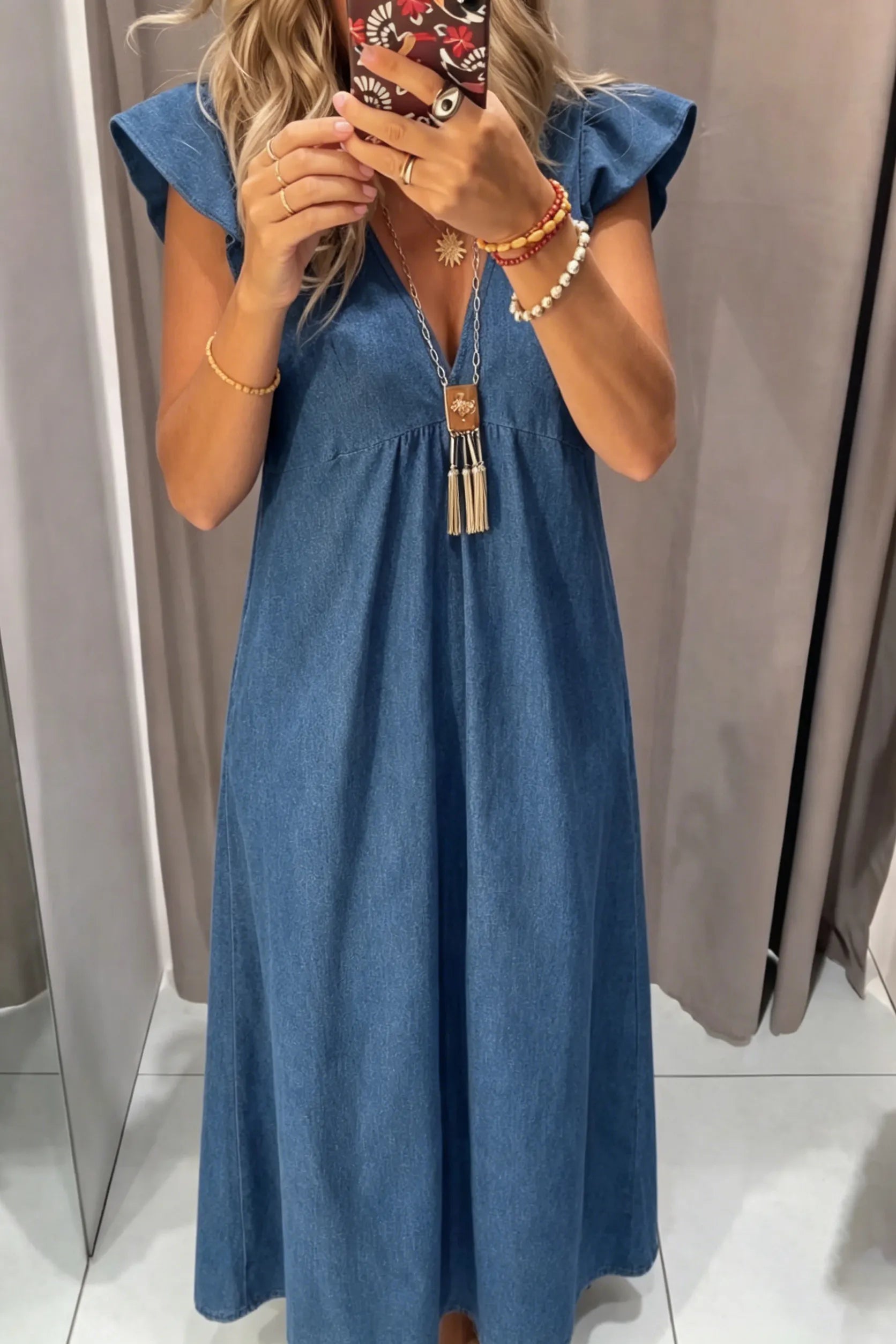 Women's Casual Flounce Sleeve Loose Denim Dress