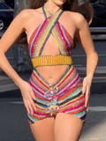 Rainbow Stripe Sequin Halter Crop Top & Mini Skirt