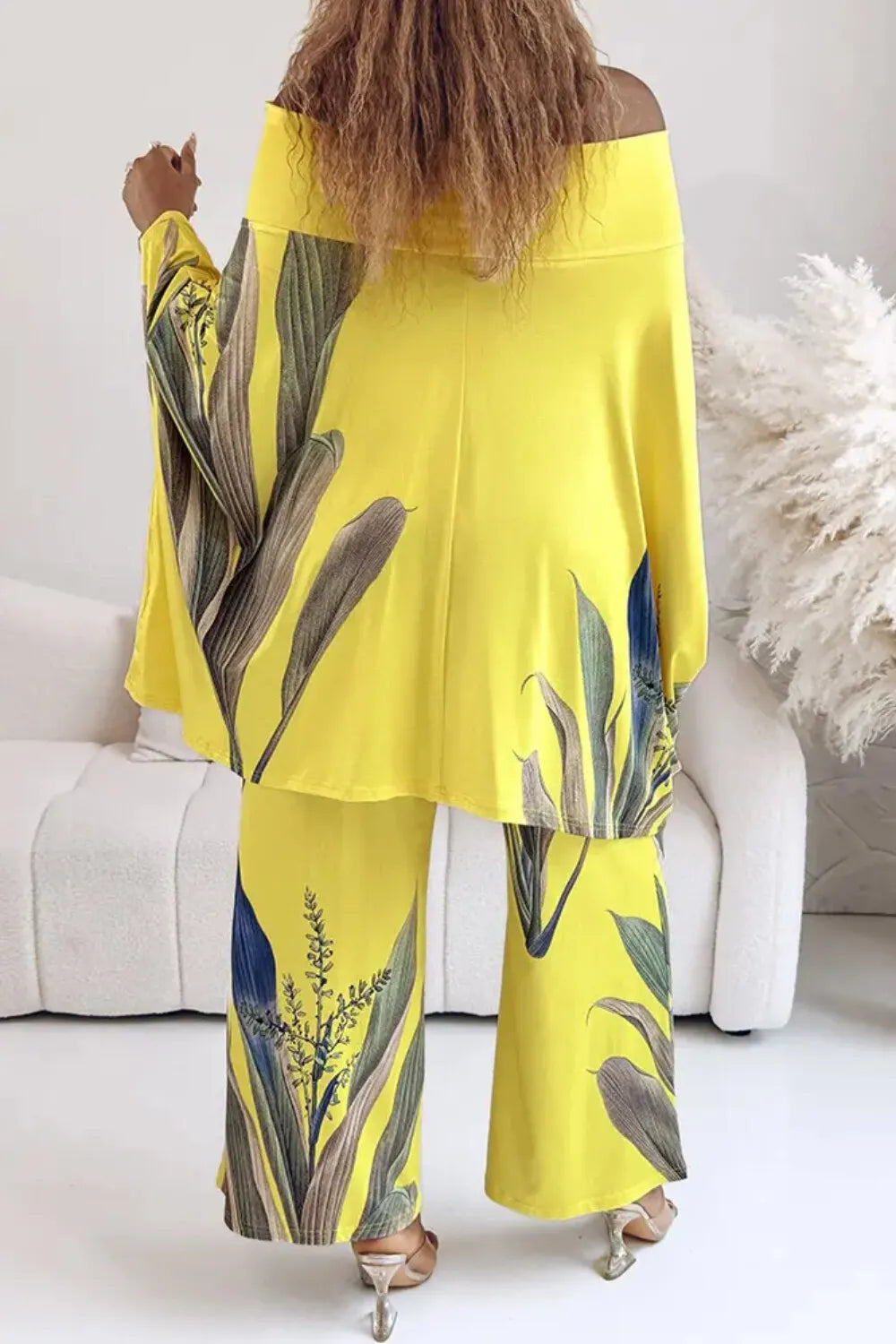 Plus Size Vacation Yellow Tropical Print Off The Shoulder Pocket Casual Two Piece Pant Sets