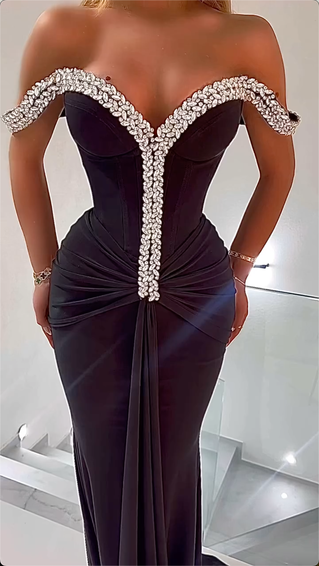 Stunning Black Off-Shoulder Crystal Mermaid Maxi Dress