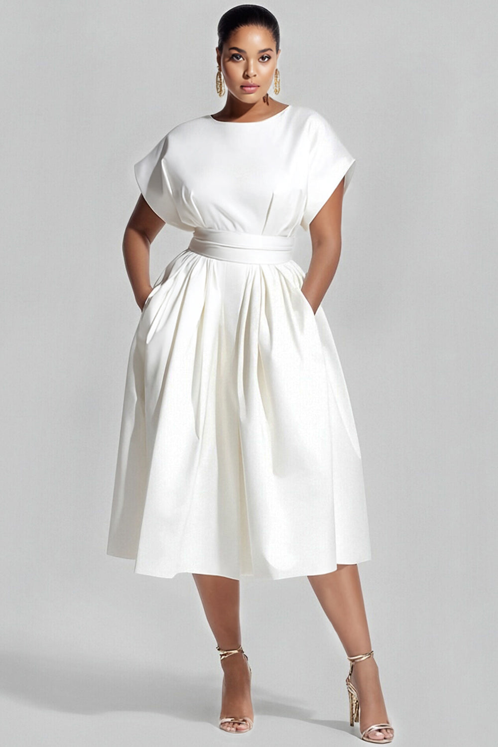Daily White Round Neck Short Sleeve Pocket Midi Dresses