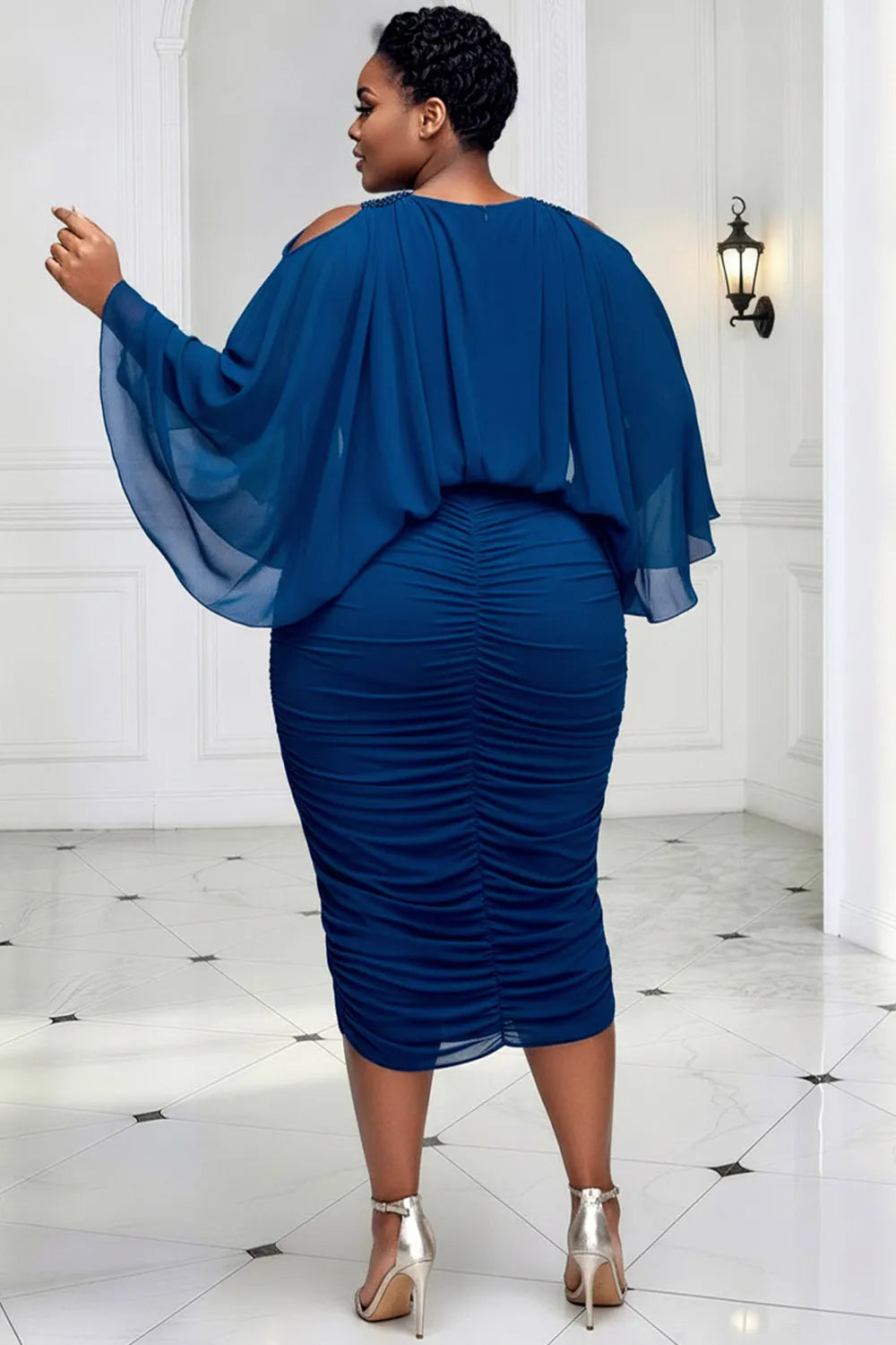 Churchs Elegant Blue Round Neck Cold Shoulder 3/4 Sleeve Fold Bodycon Midi Dresses [Pre-Order]