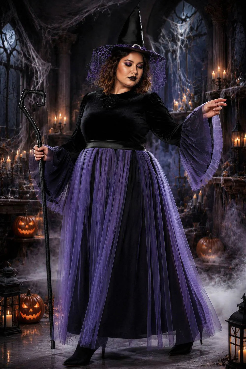Halloween Costume Purple Cosplay Witches Overlay Mesh Maxi Dress (Without Hat And Cane)(Ships 24h)