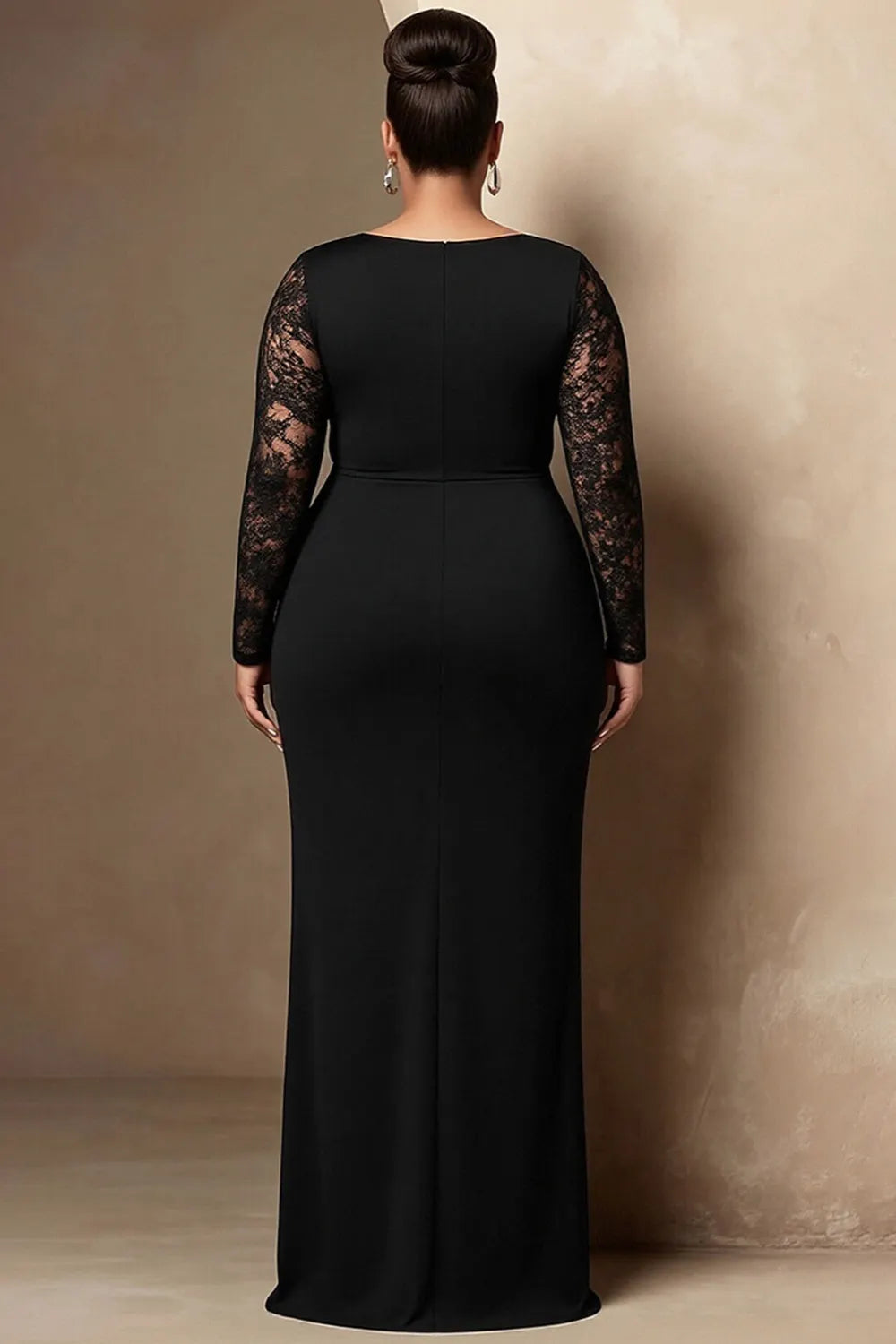 Black Round Neck Long Sleeve Contrast See Through Lace Maxi Dresses