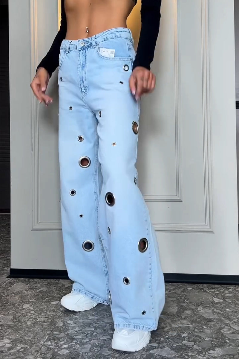 Women's Fashion Metal Hollow-Out Decoration Wide Leg Jeans