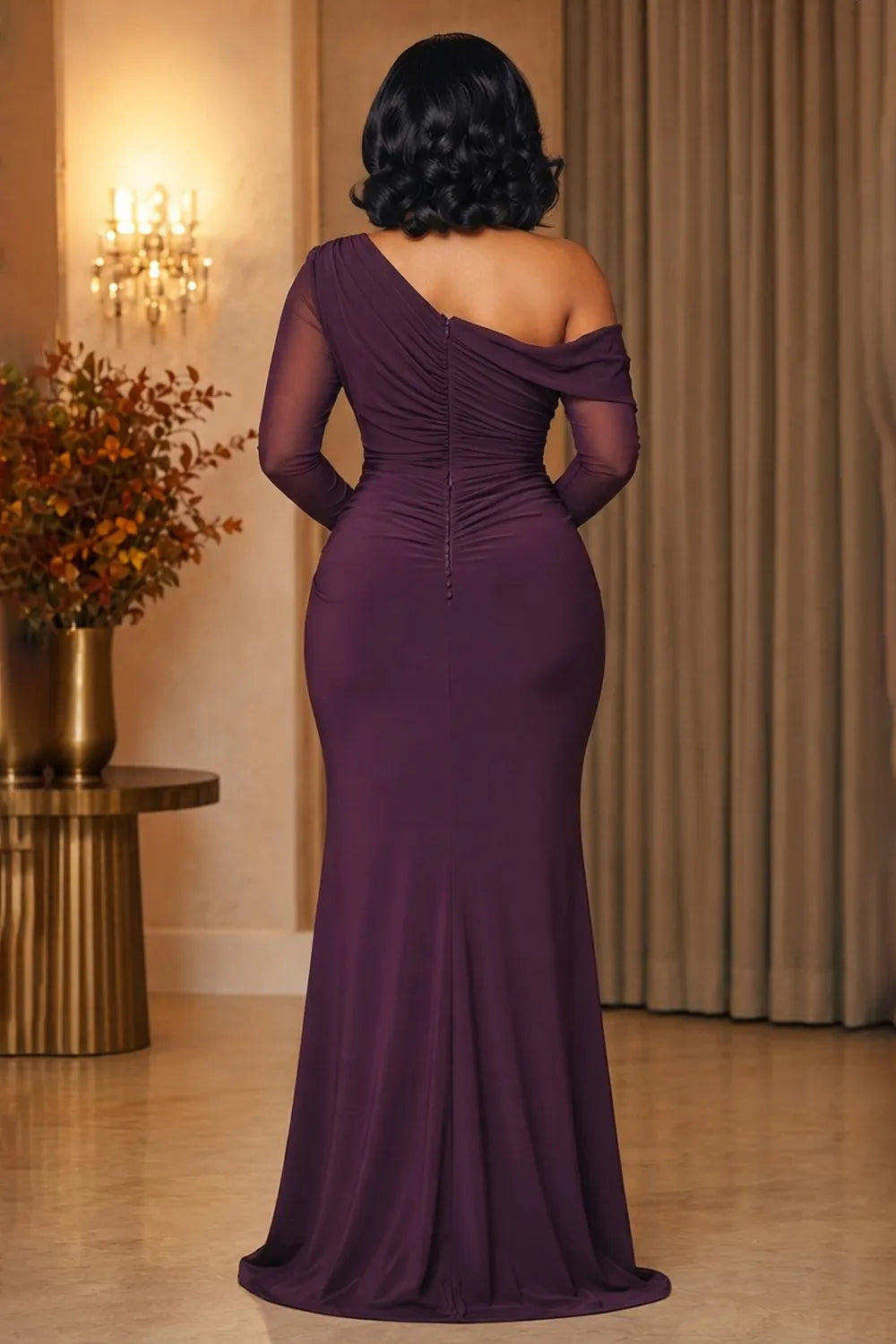 Oblique Collar Long Sleeve Ruched Cinch Waist Maxi Dresses-Purple [Pre Order]