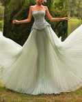 Sage Green Beaded Strapless Pleated Maxi Dress