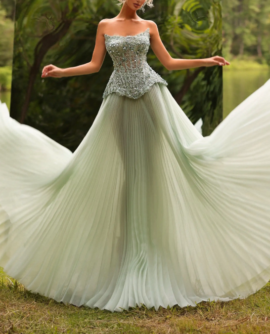 Sage Green Beaded Strapless Pleated Maxi Dress
