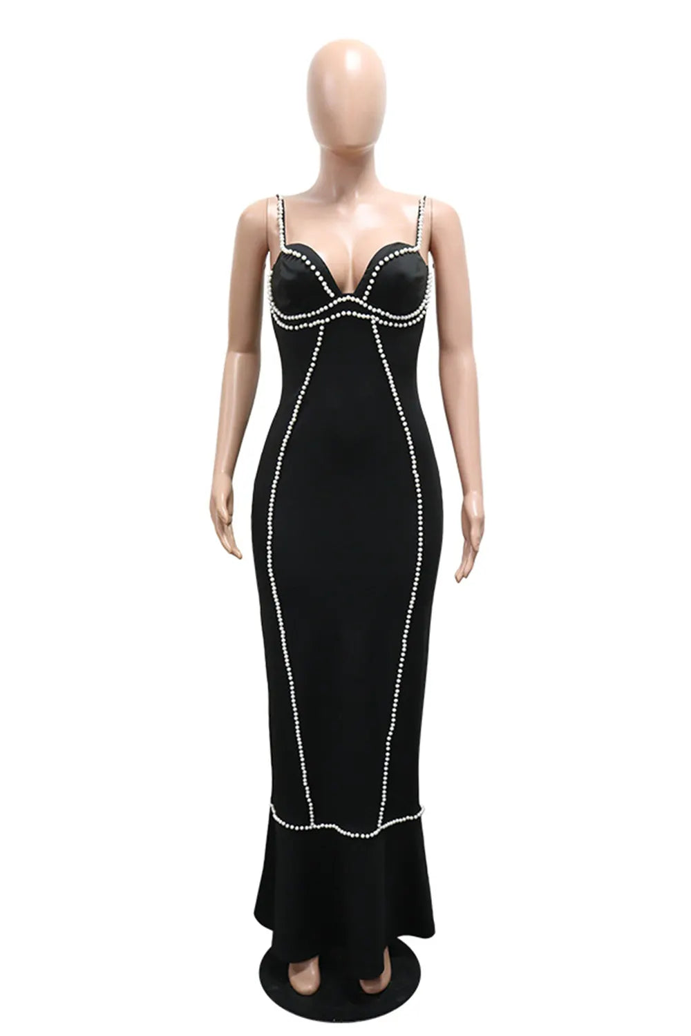 Spaghetti Strap Backless Imitation Pearl Fishtail Party Maxi Dresses-Black