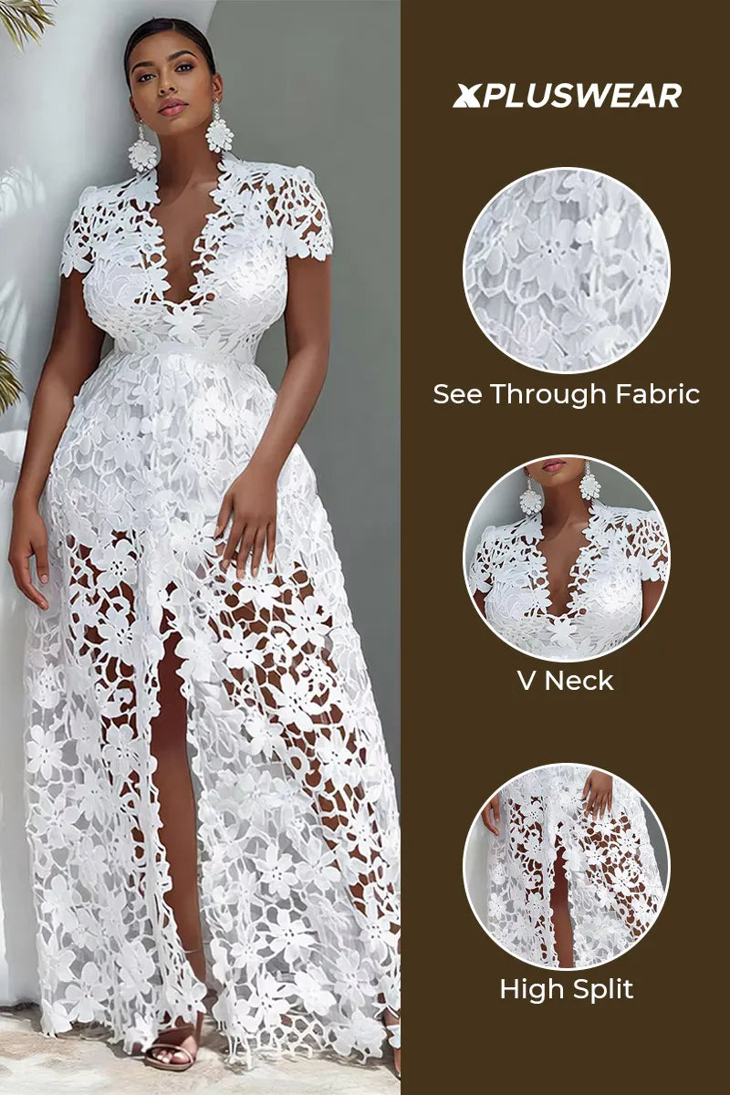 Vacation White V Neck Short Sleeve Split See Through Maxi Dresses