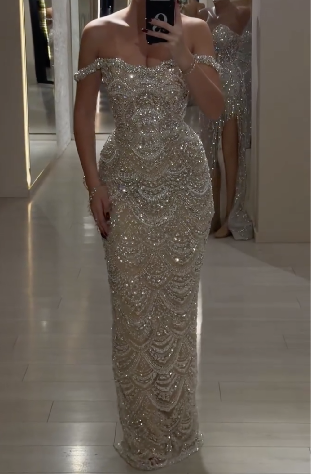 Silver Beaded Off-the-Shoulder Maxi Dress