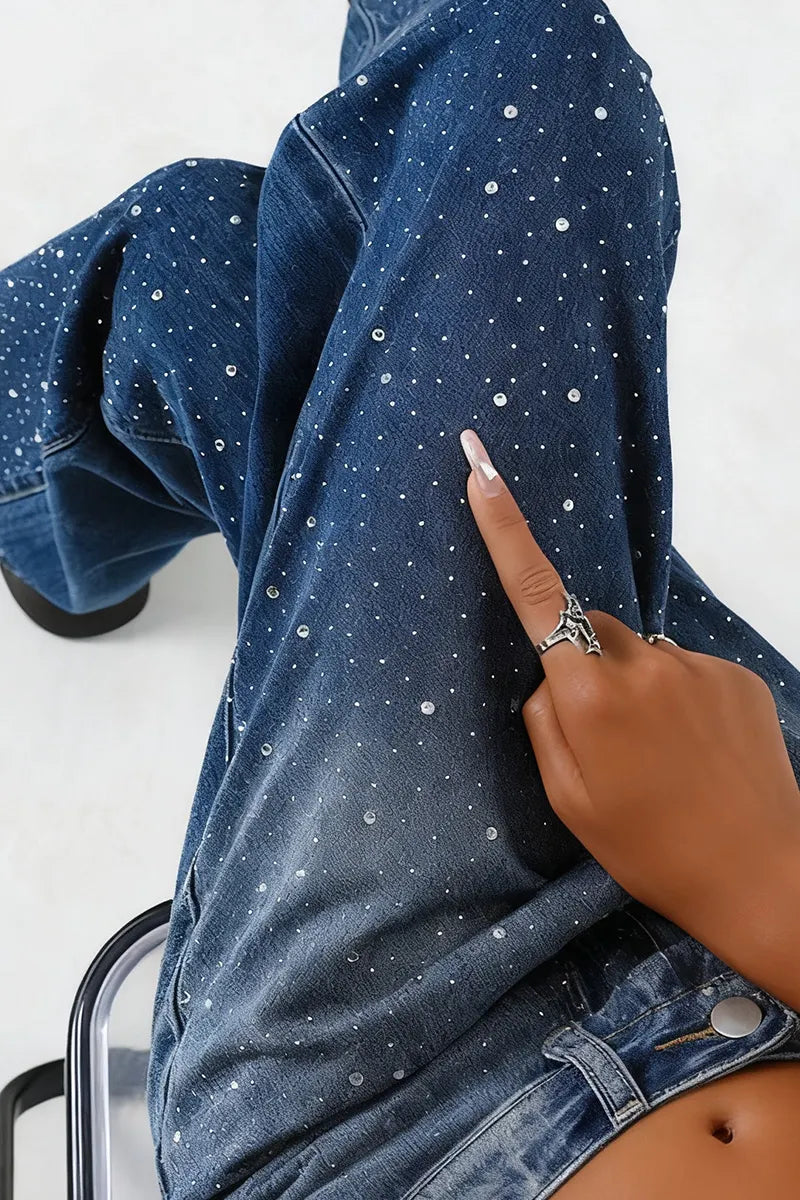 Women's Blue Gradient Rhinestone-Dazzled Jeans