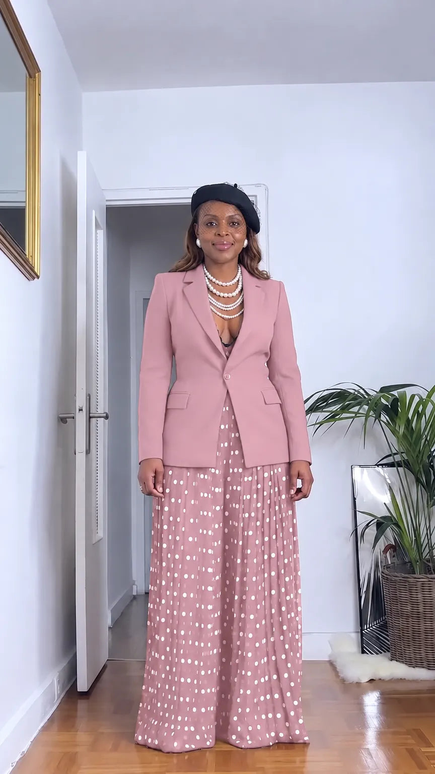 Women's Tailored Blazer and Polka Dot Pleated Wide-Leg Pants Set
