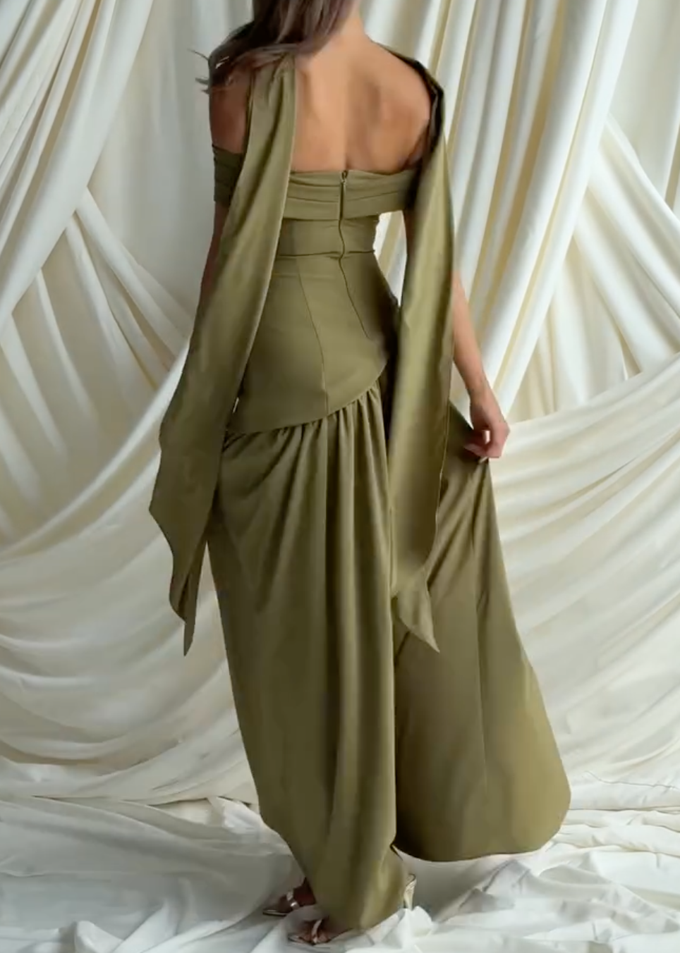 Olive Green Off Shoulder Maxi Dress with Asymmetrical Hem, High Slit & Draped Back Sash
