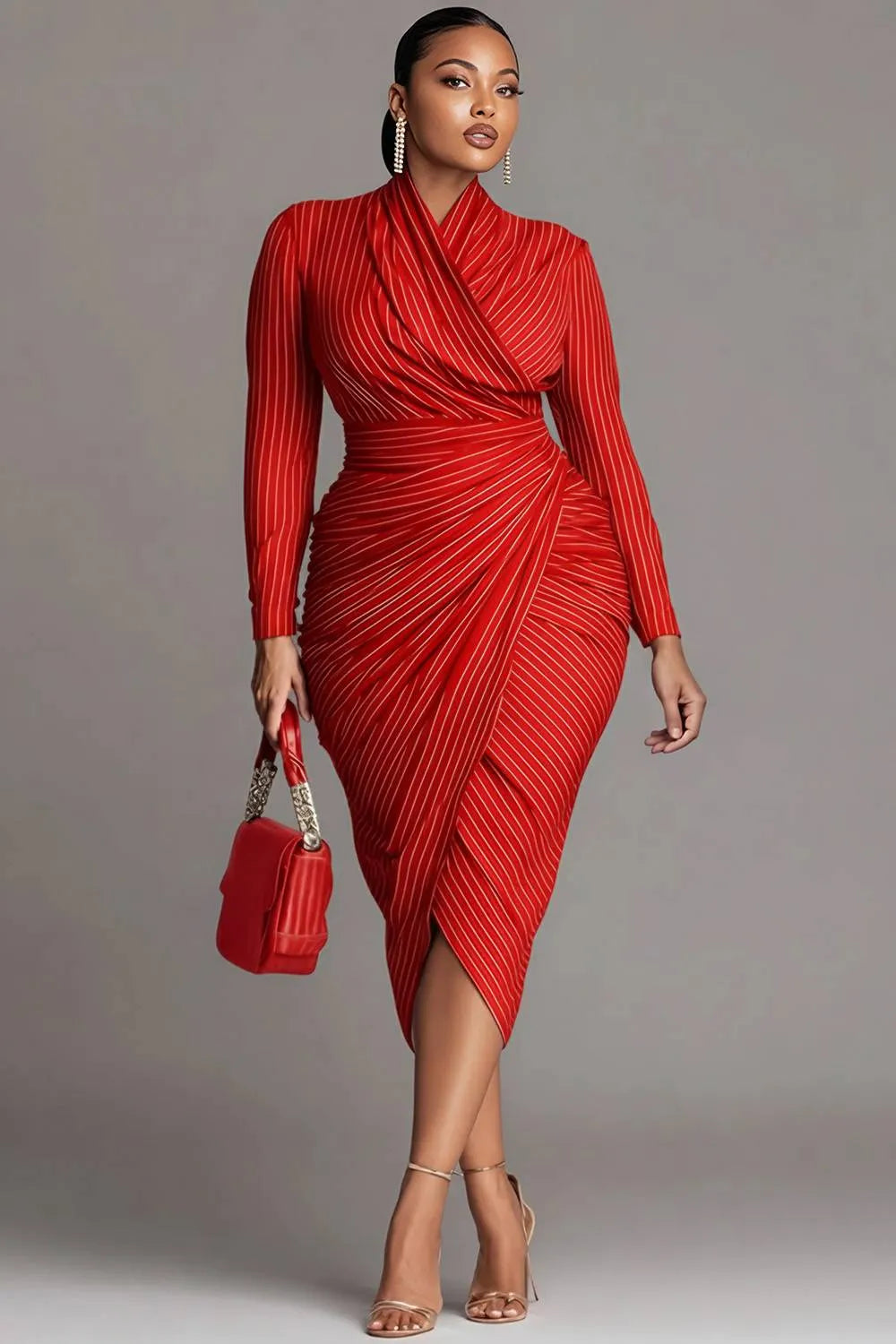 Business Casual Purple Striped Wrap Neck Long Sleeve Ruffled Elegant Midi Dresses