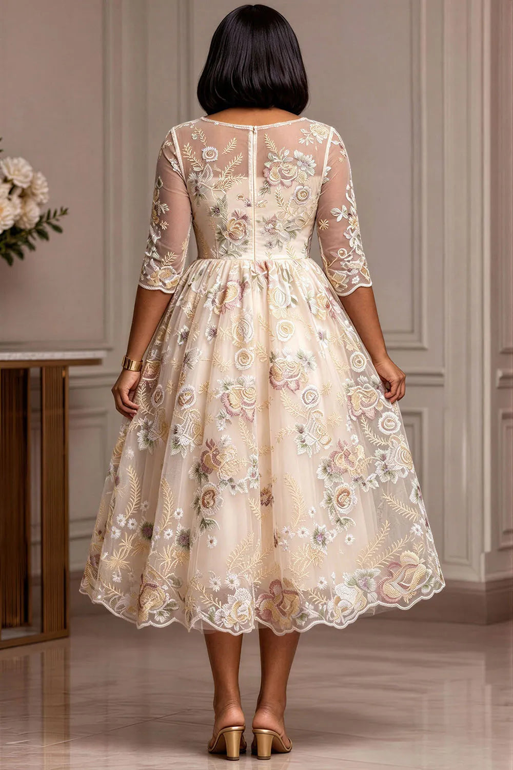 Cocktail Party Champagne Round Neck Half Sleeve Embroidery See Through Guipure Lace Midi Dresses