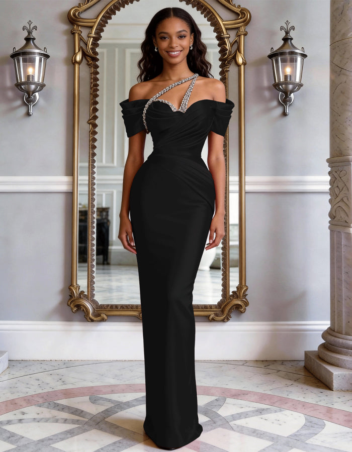 Solid Color Satin Off Shoulder Rhinestone Fishtail Maxi Dress
