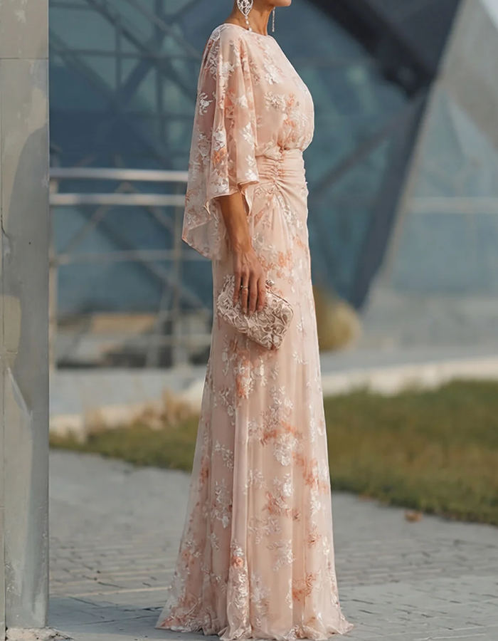 Blush Floral Embroidery Chiffon Maxi Dress