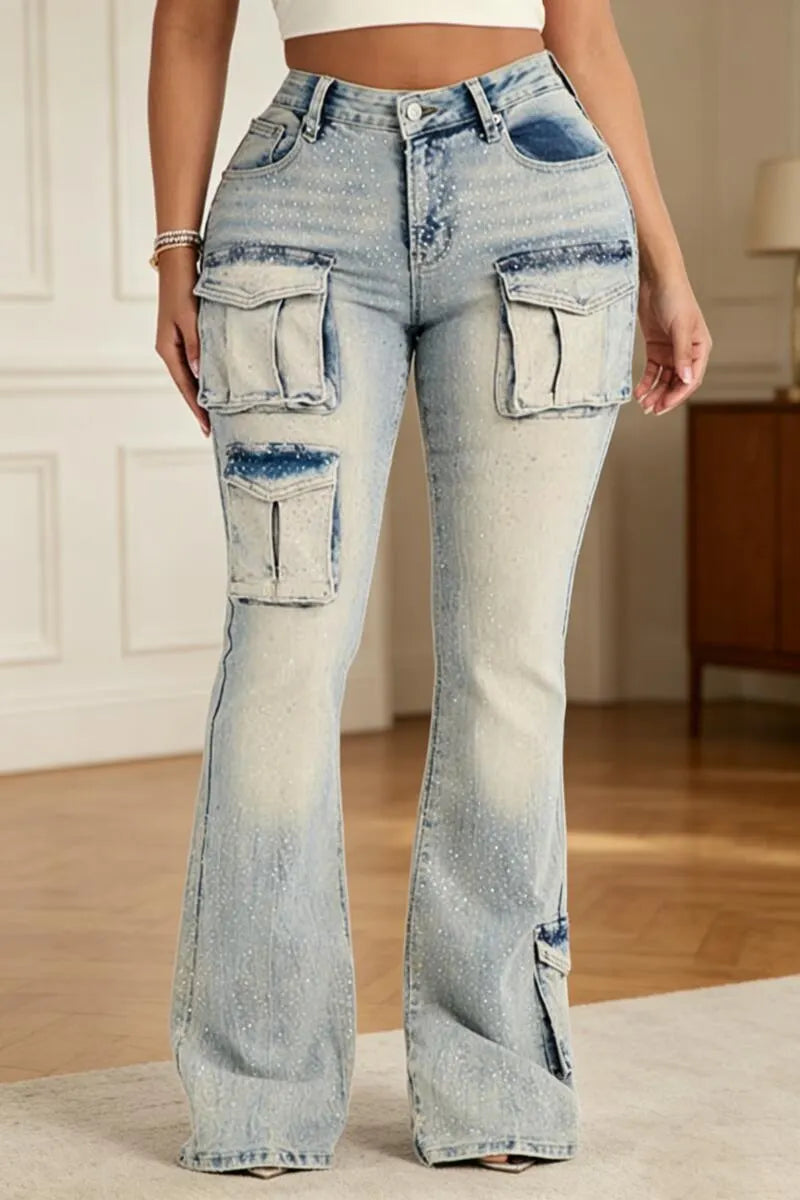 Women Rhinestone Washed Water Spliced Pocket Casual Jeans
