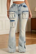 Women Rhinestone Washed Water Spliced Pocket Casual Jeans