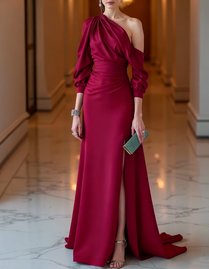 One-shoulder Draped Satin Evening Maxi Dress