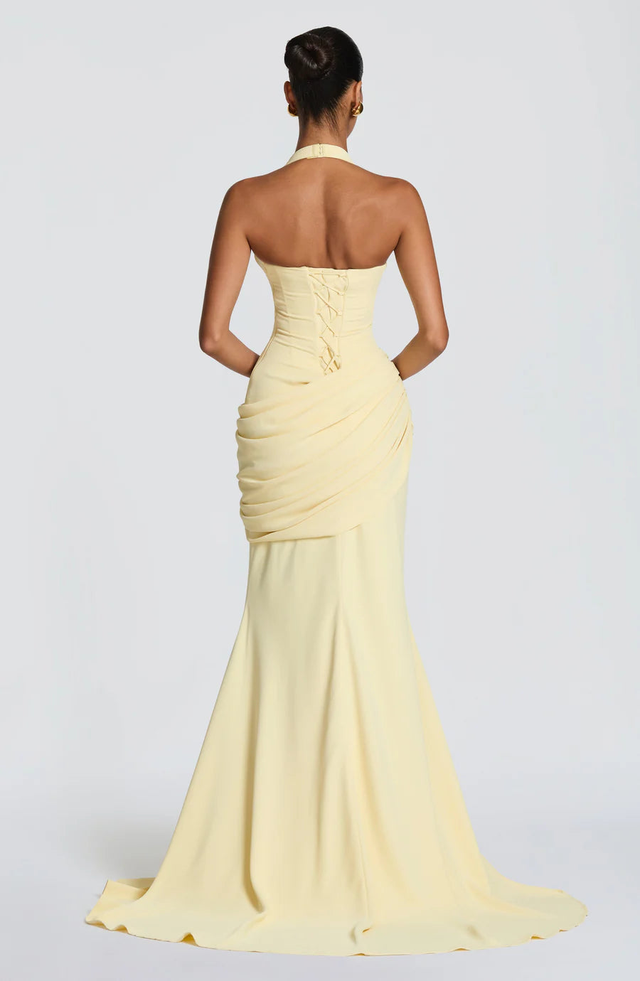 Yellow/Black Halter Neck Ruched Corset Maxi Dress with Train - Elegant Formal Evening Gown