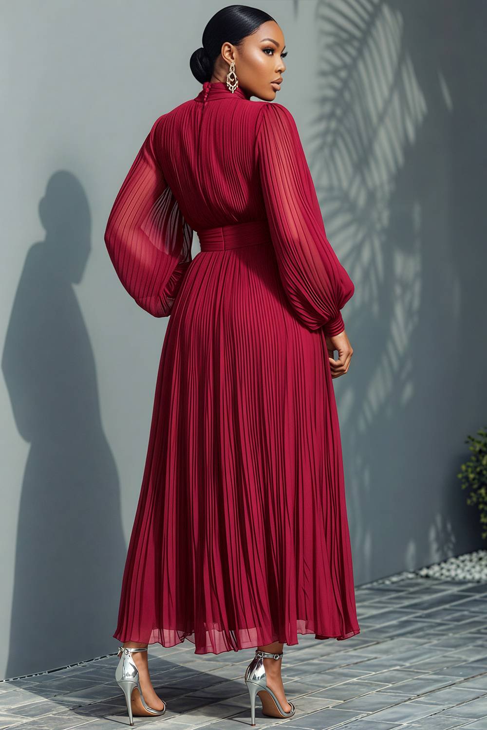 Churchs Navy Blue Mock Neck Lantern Sleeve Long Sleeve See Through Elegant Ruffled Midi Dresses