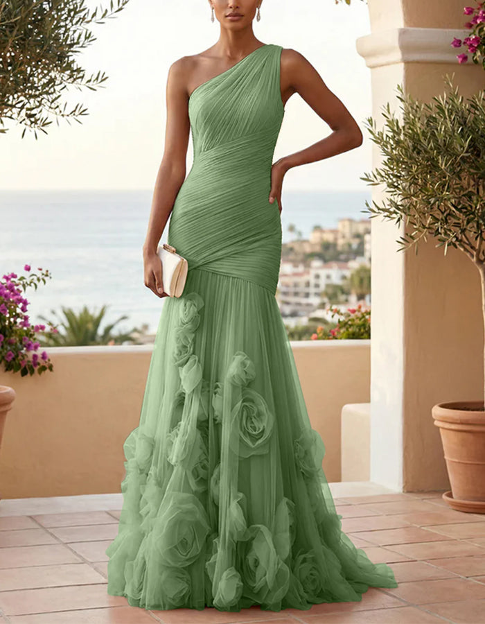 Solid Color One Shoulder 3D Floral Mesh Fishtail Maxi Dress