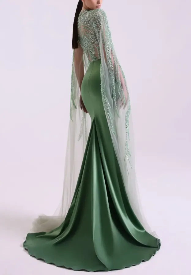 Emerald Green Satin Maxi Dress with Beaded Cape & Train