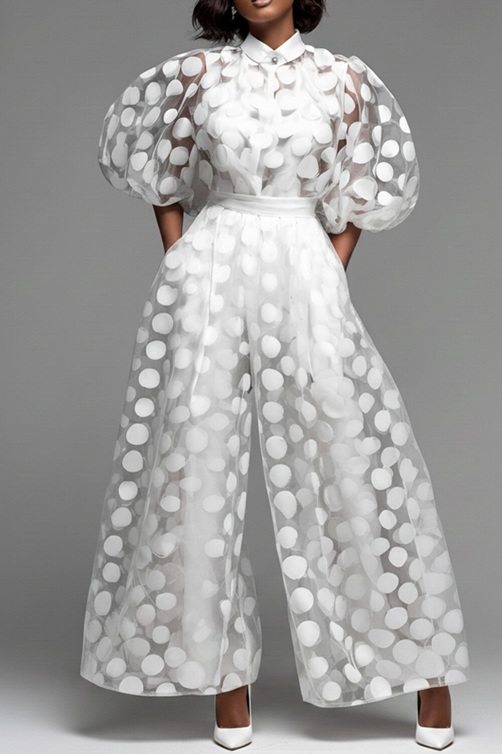 White Shirt Collar Puff Sleeve Short Sleeve Pocket Two Piece Pant Sets
