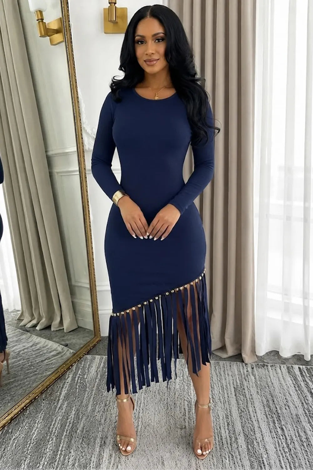 Round Neck Long Sleeve Fringe Hem Bodycon Ribbed Knit Midi Dresses-Blue