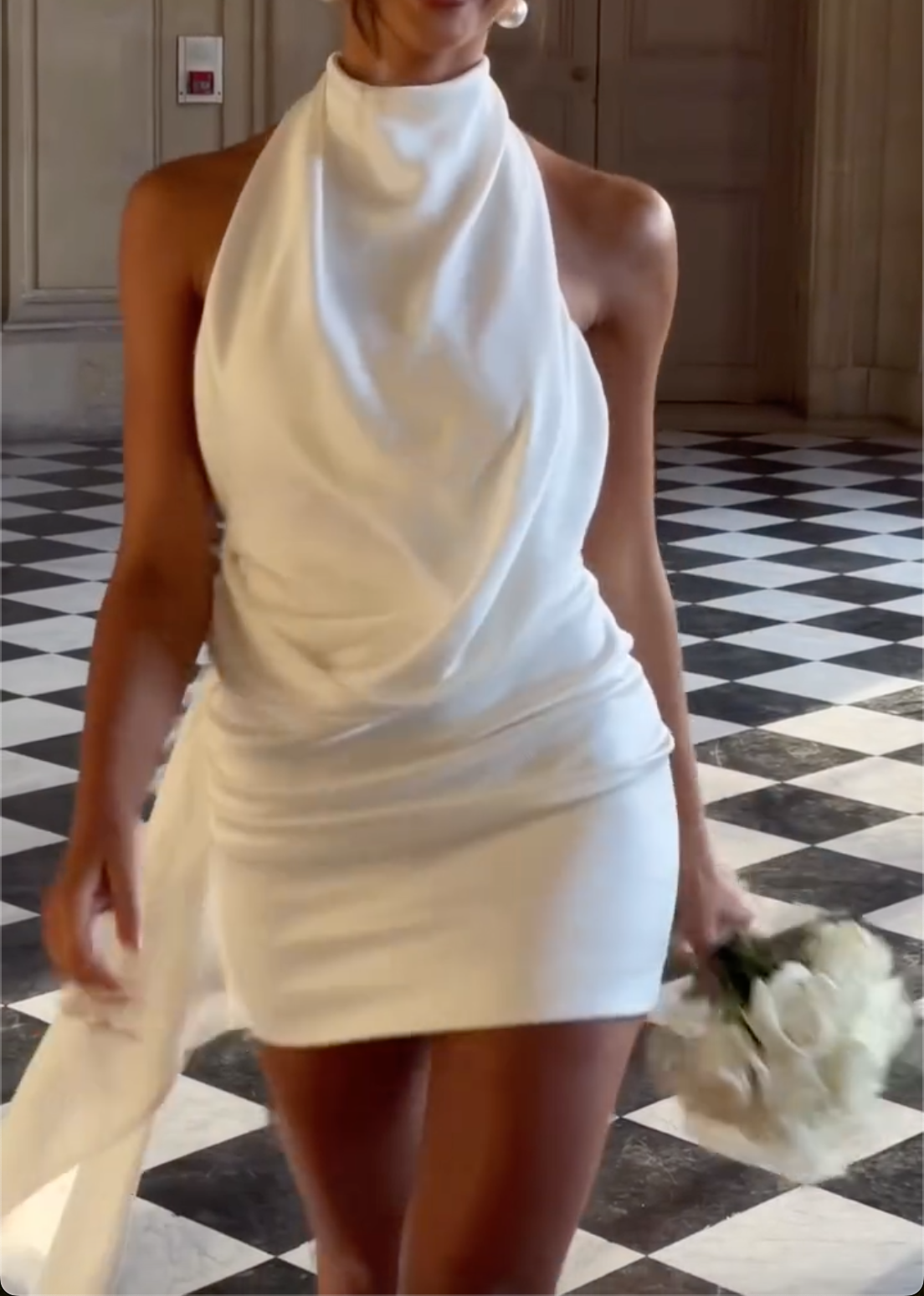 White Halter Neck Cowl Draped Mini Wedding Dress With Flowing Sash