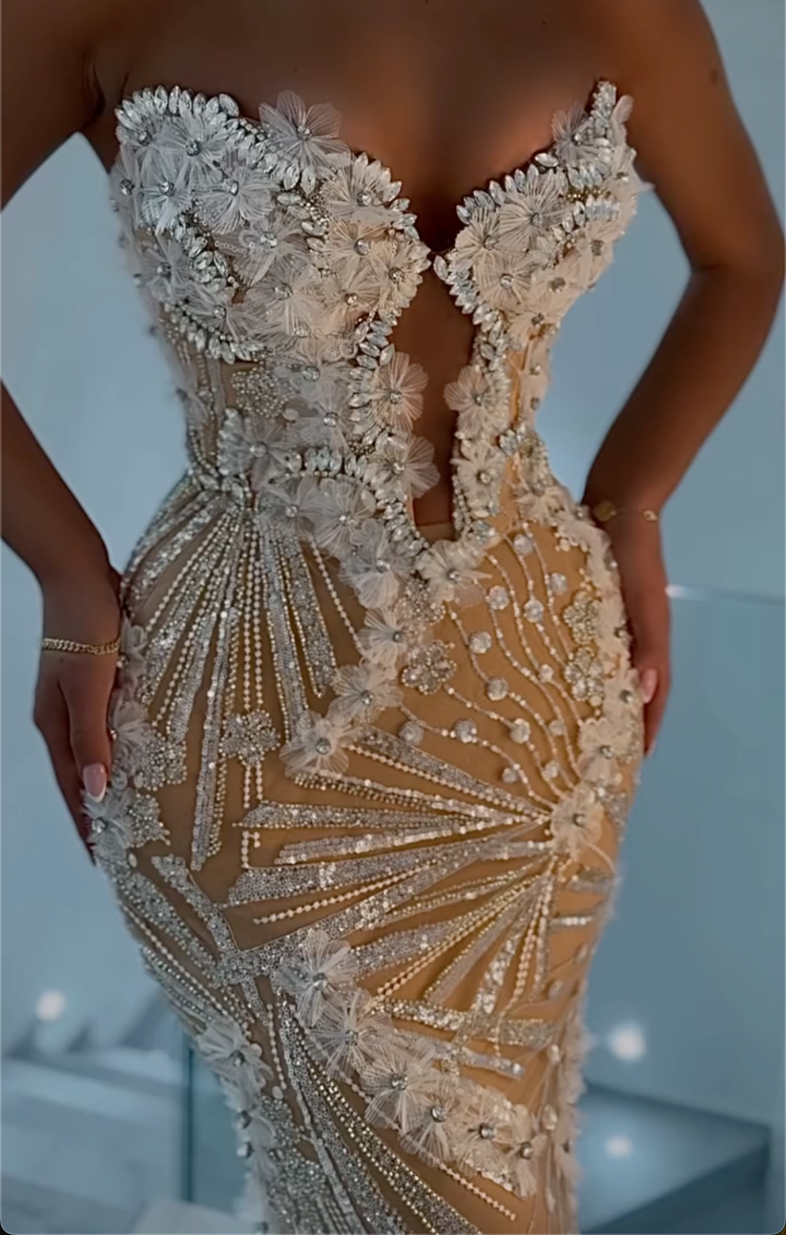 Silver Nude Strapless Floral Beaded Mermaid Maxi Dress