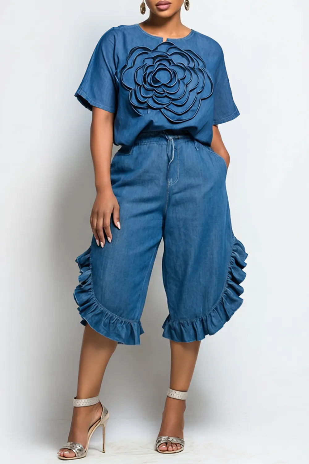 Xpluswear Design Plus Size Daily Blue Round Neck Short Sleeve Ruffle 3D Tencel Denim Two Piece Short Sets [Pre-Order]