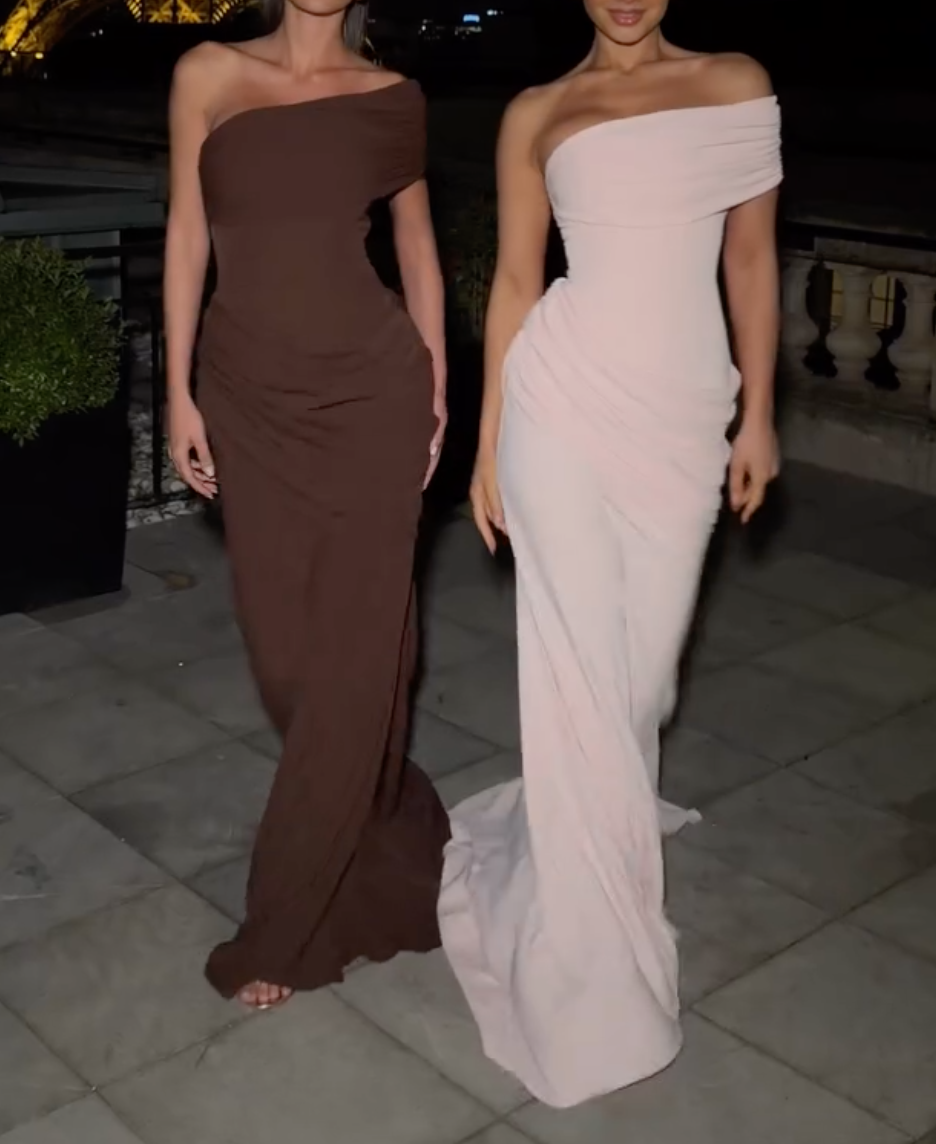 Pink/Brown One Shoulder Ruched Corset Back Bodycon Maxi Formal Evening Prom Gala Gown