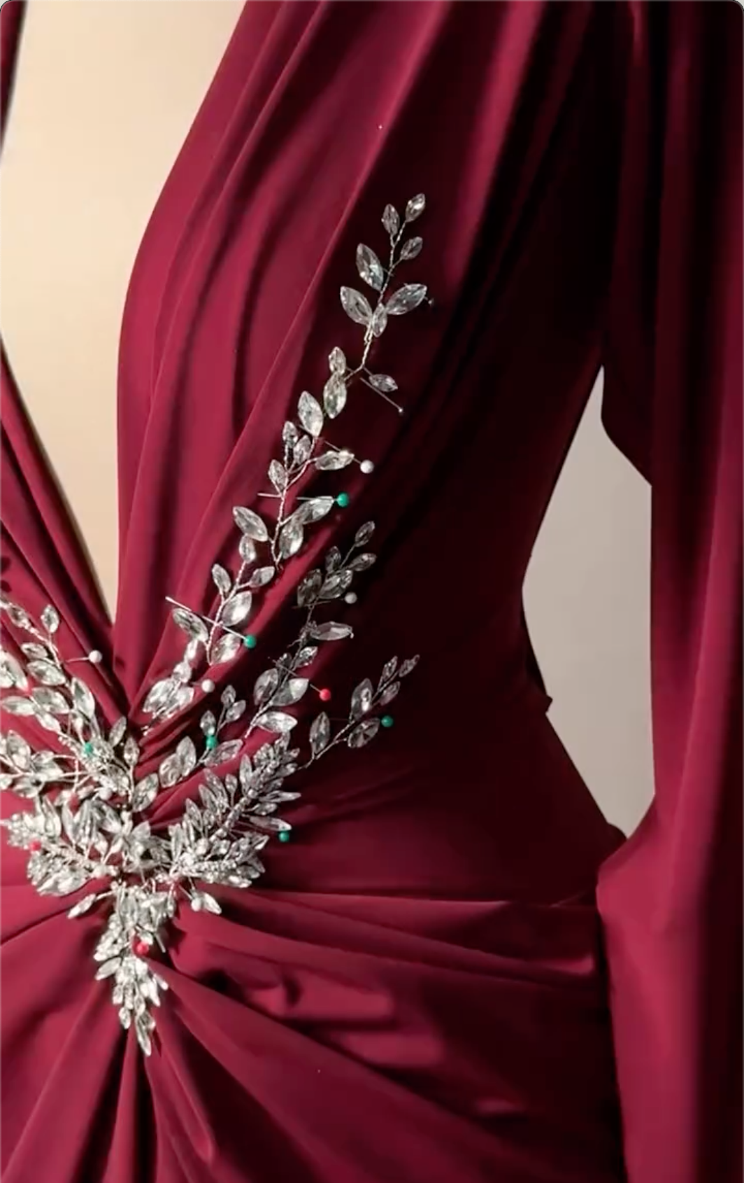 Glamorous Burgundy Beaded Long Sleeve Plunge V-Neck Maxi Dress