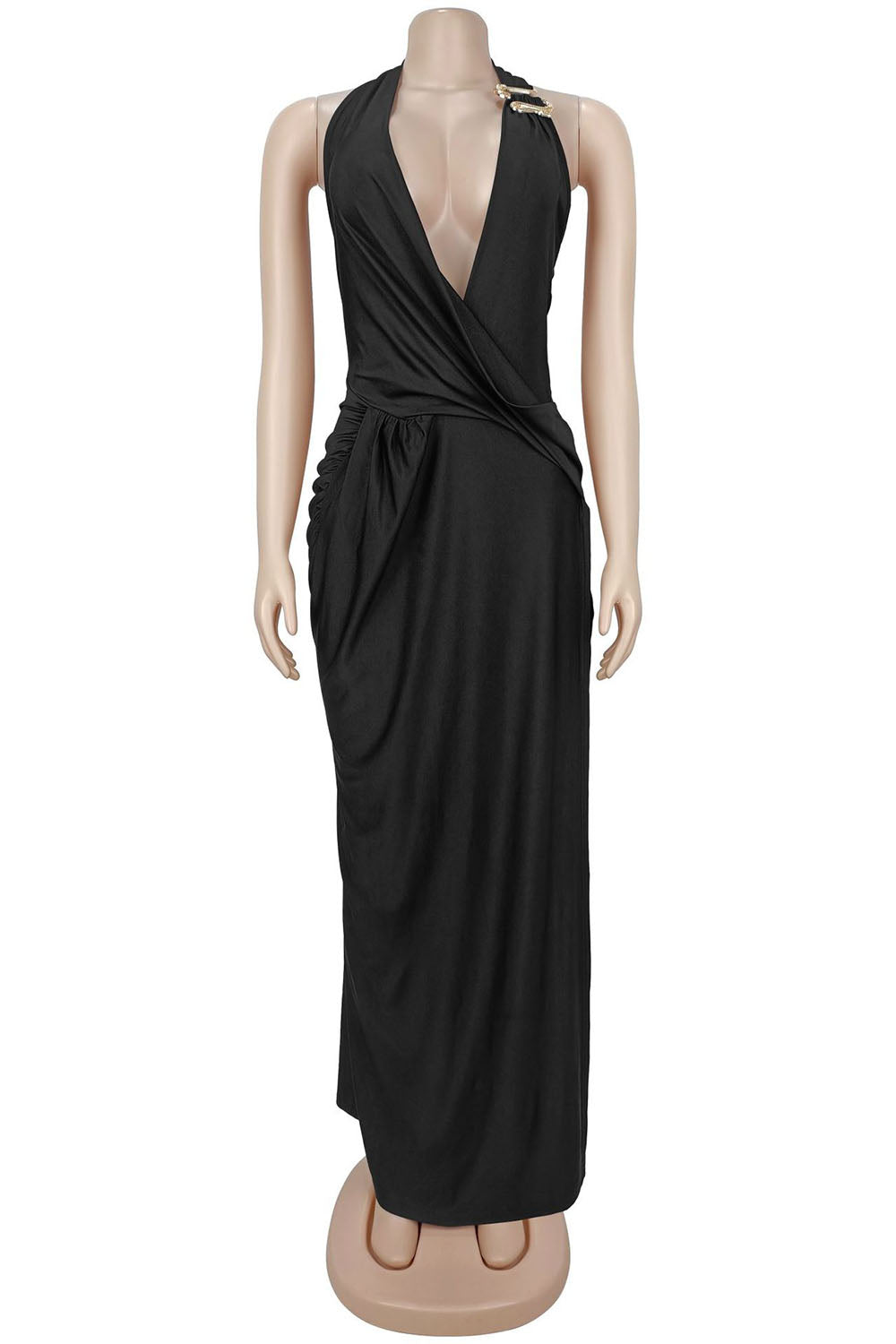 Deep V Halter Neck Waist Ruched Side High Slit Vacation Maxi Dresses-Black