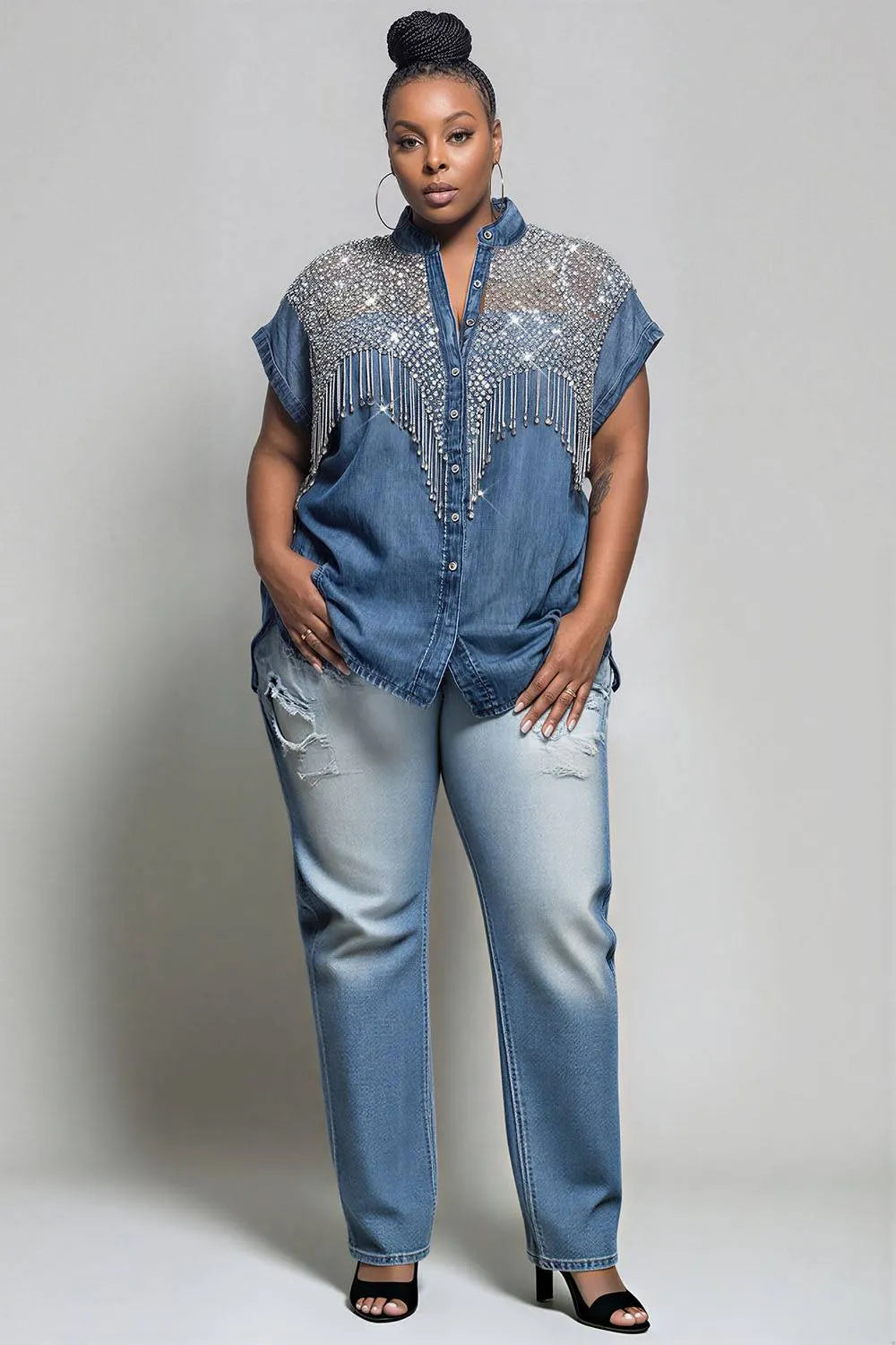 Xpluswear Design Plus Size Business Casual Sequin Blue Shirt Collar Short Sleeve Strappy See Through Tencel Denim Blouses [Pre-Order]
