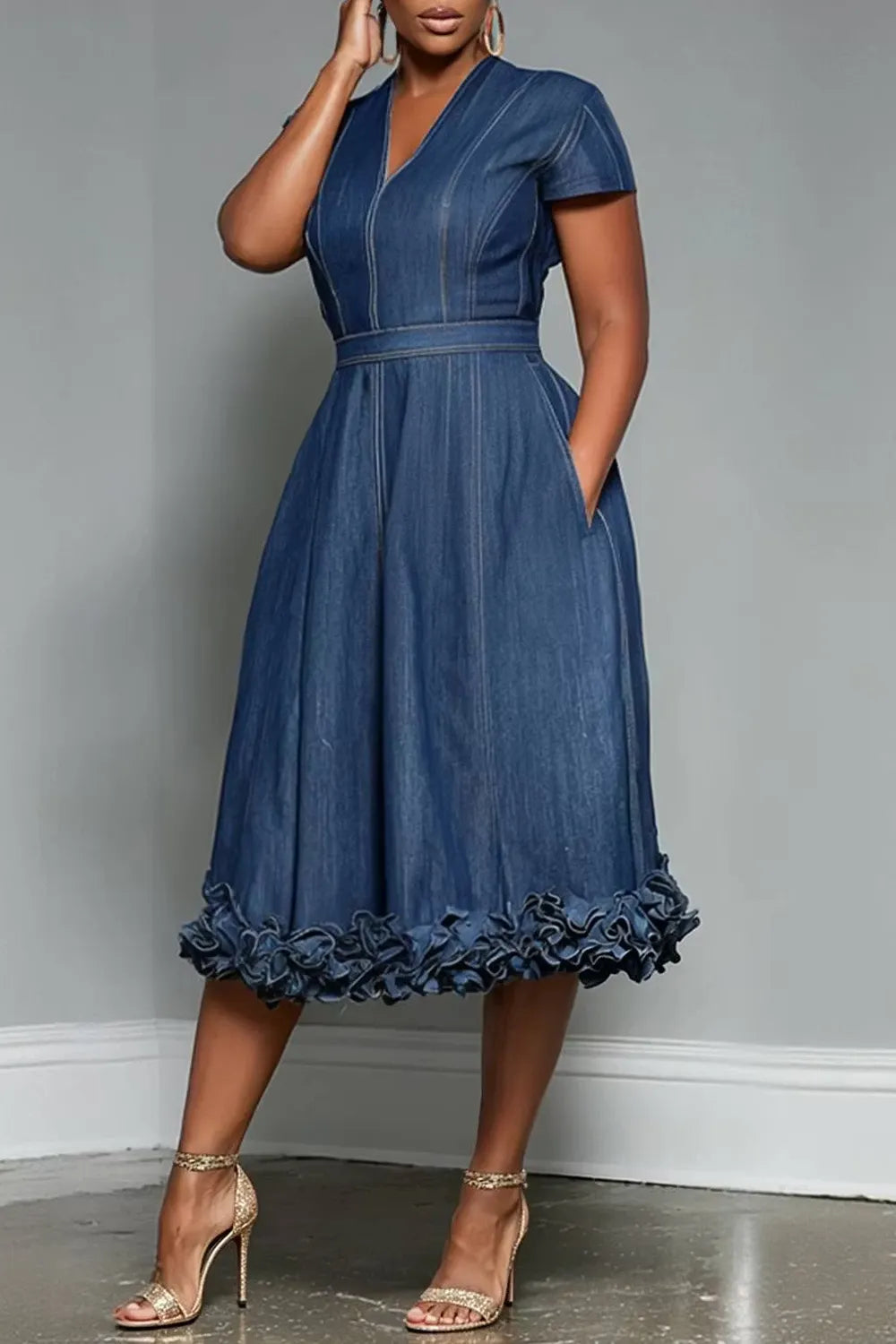 Xpluswear Design Plus Size Business Casual Blue V Neck Short Sleeve Pocket Ruffle Tencel Denim Midi Dresses