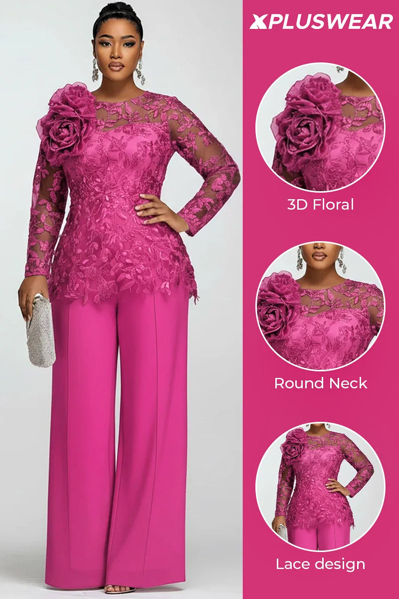 Mother Of The Bride Chiffon Hot Pink Round Neck Long Sleeve 3D See Through Lace Two Piece Pant Suits