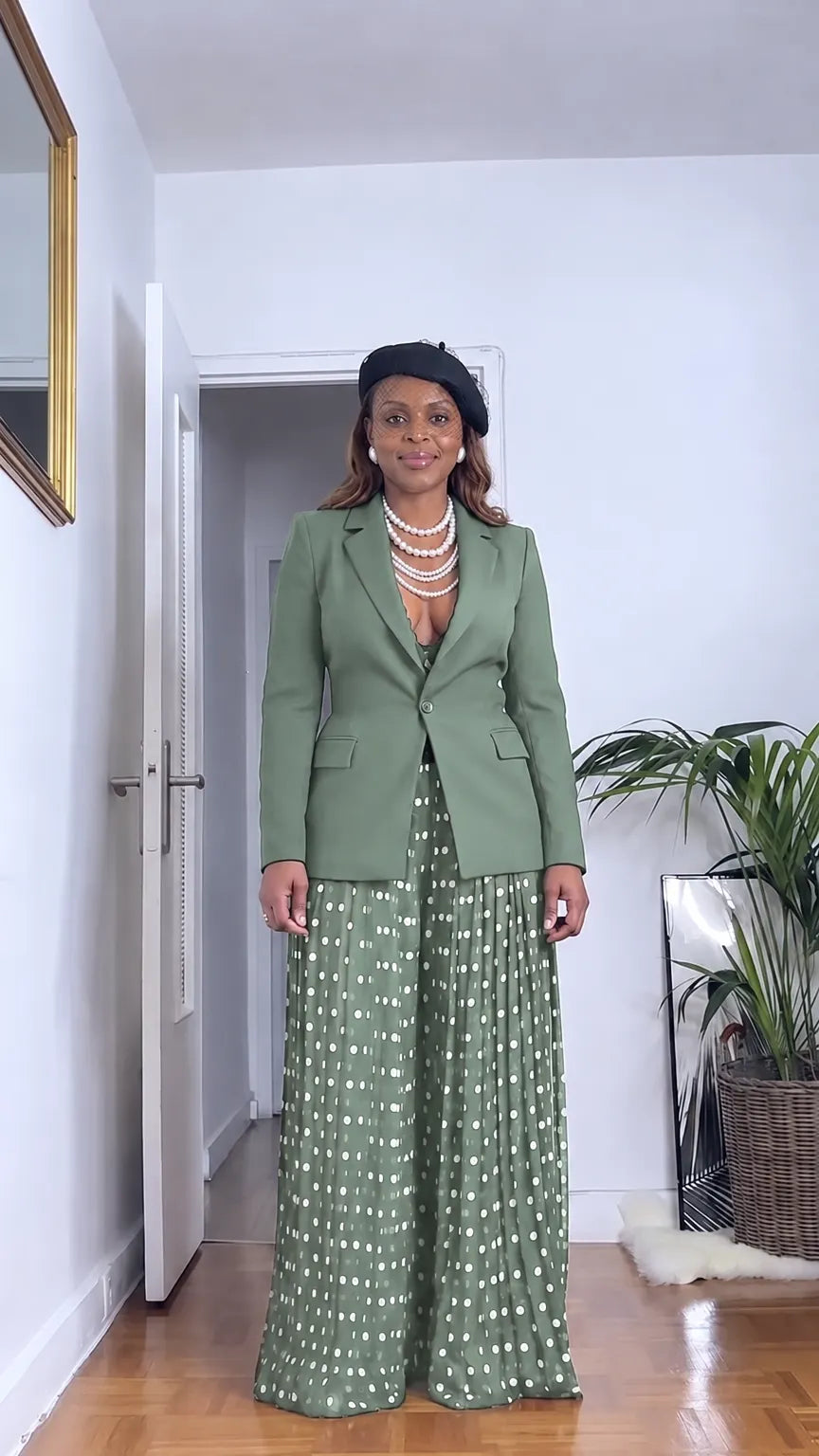Women's Tailored Blazer and Polka Dot Pleated Wide-Leg Pants Set