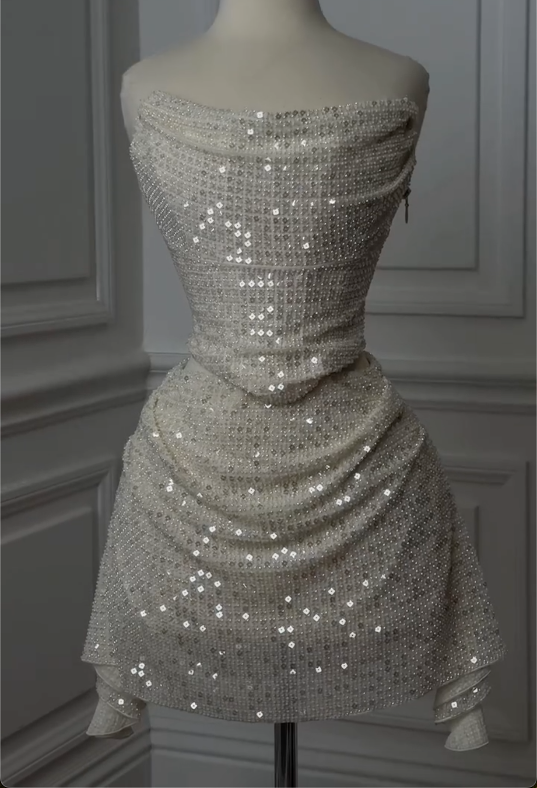 White Sequin Cowl Neck Strapless Mini Dress - Formal Party Gown