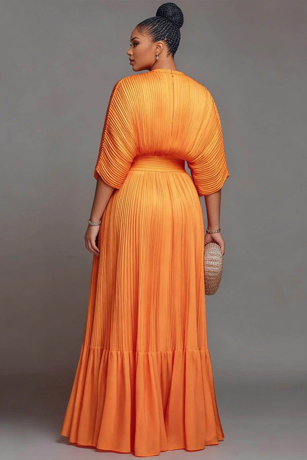 Mother Of The Bride Orange Round Neck Short Sleeve Pleated Maxi Dresses