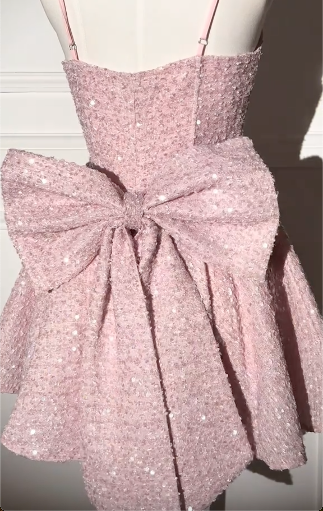 Pink Sequin Bouclé Mini Dress with Oversized Bow Back & Square Neck