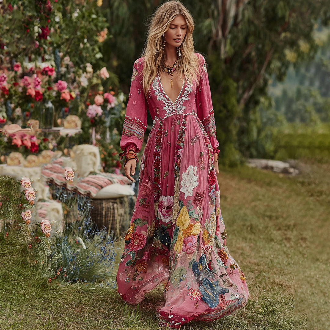 Women's Floral Art Print V-neck Long Sleeve Maxi Dress