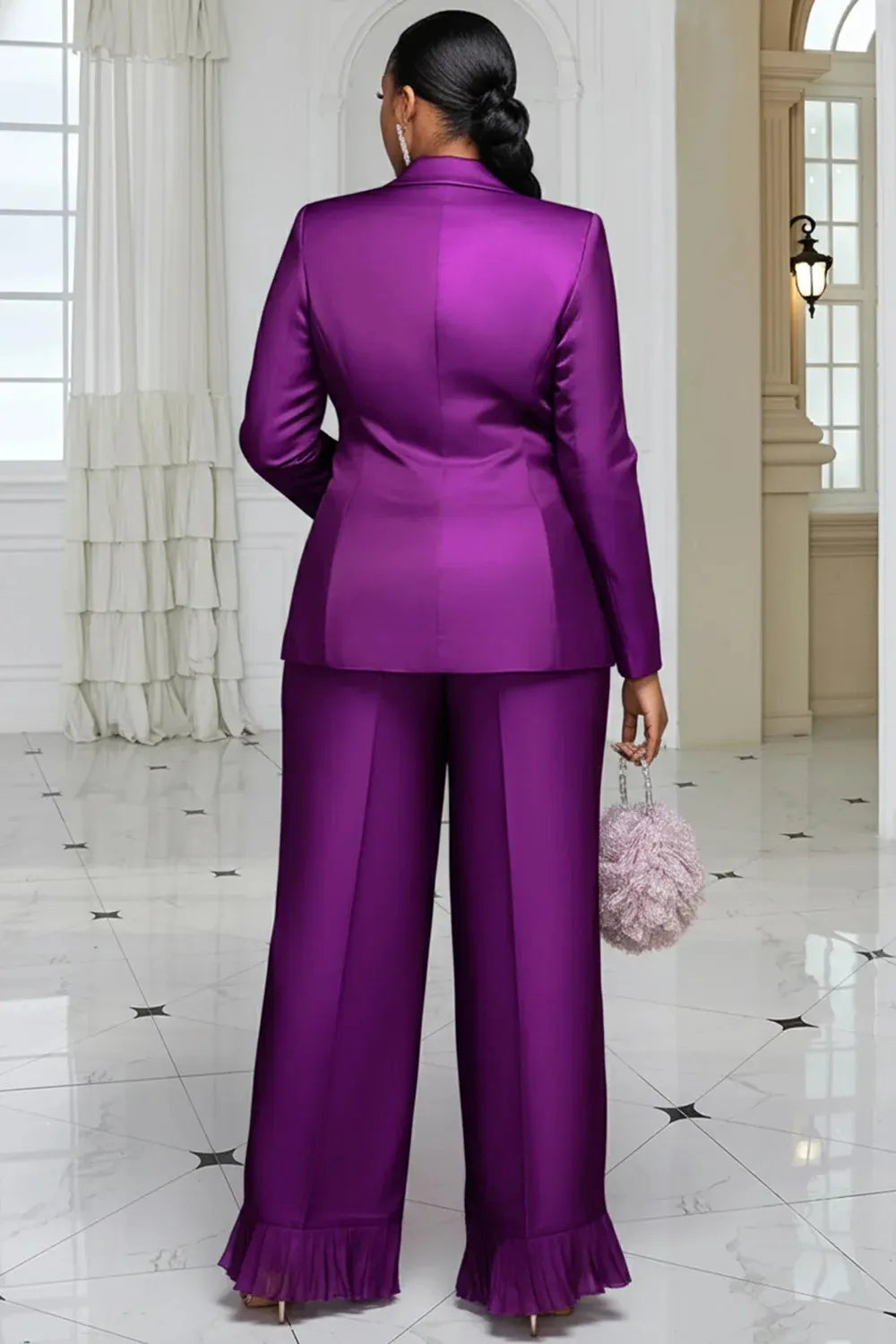 Purple Lapel Collar Long Sleeve Wide Leg Contrast Satin Two Piece Pant Suits