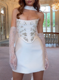 White Strapless Satin Mini Dress with Crystal Embellishments