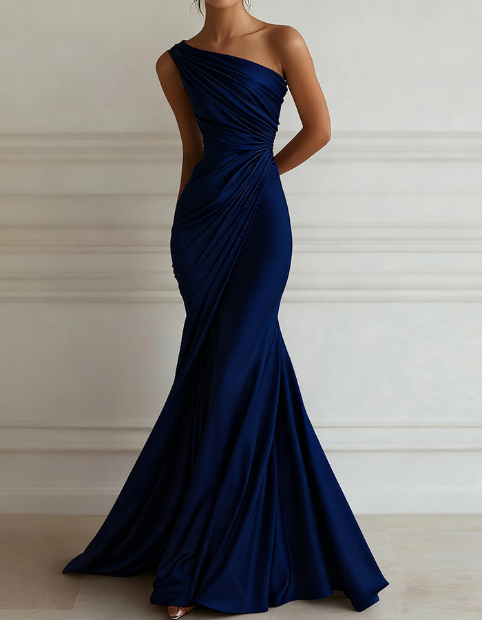One-shoulder Stretch Satin Pleats Maxi Dress
